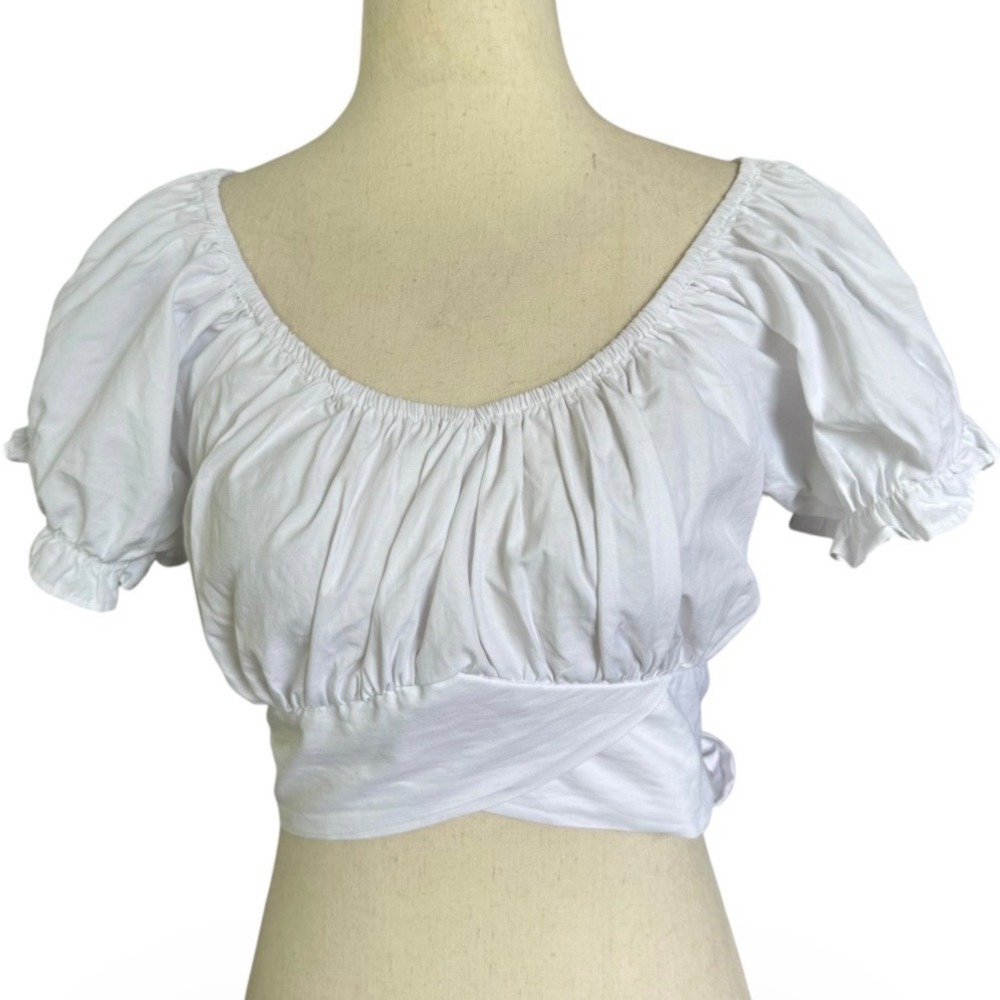 Live 4 Truth Womens XL White Puff Sleeve Wrap Tie Waist Crop Top | 0108